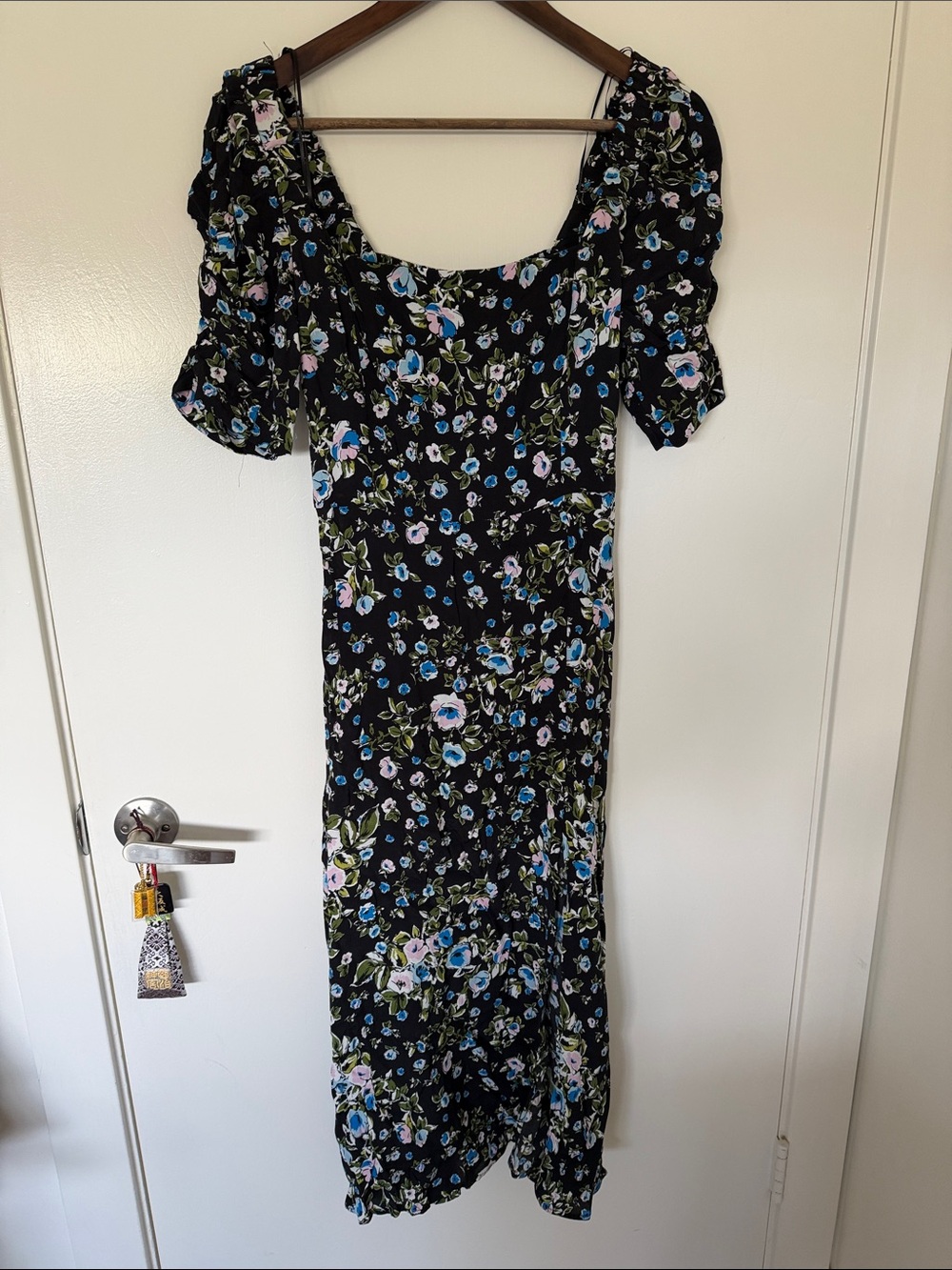 Floral Puff-Sleeve Midi Dress - Black with Blue & Pink Flowers